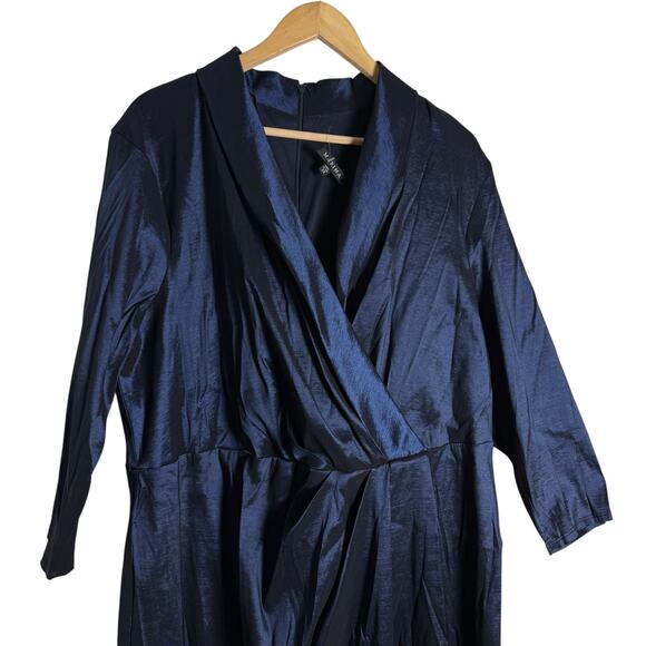 Marina Plus Size Navy Taffeta Surplice V-Neck 3/4 Sleeve Faux Wrap Dress 2X - Picture 5 of 11